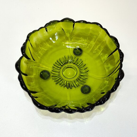 Colony Indiana Avocado Green Glass Serving Bowl Sunflower Pattern Scalloped Edge - Picture 7 of 9